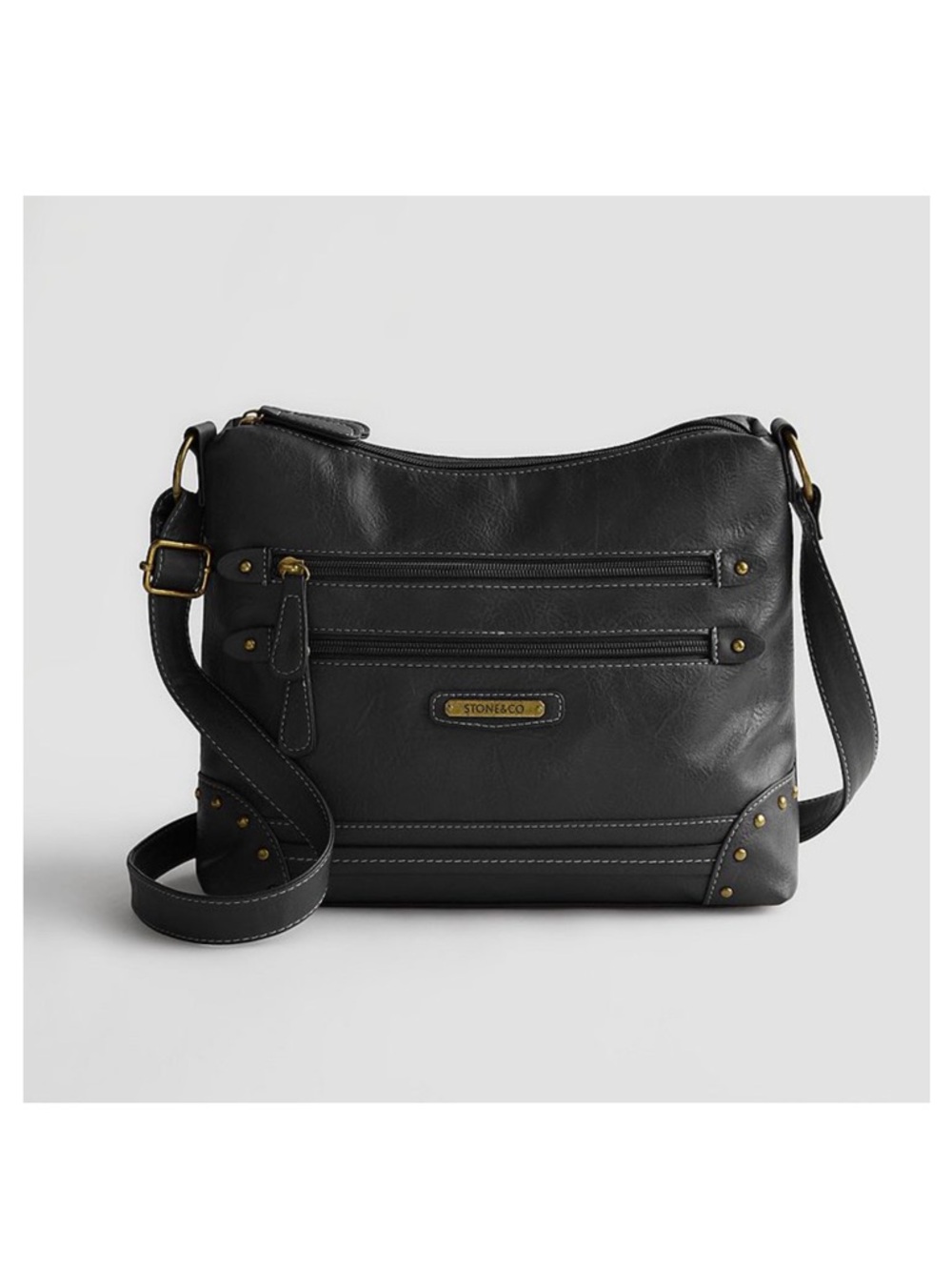 Stone & Co. Black Leather Crossbody Shoulder Bag with Brass Hardware